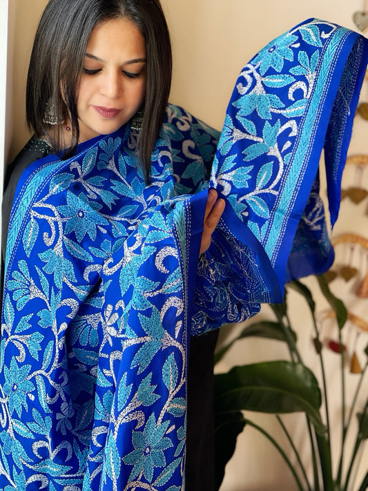 Blue Handmade Nakshi Kantha Dupatta in Pure Silk