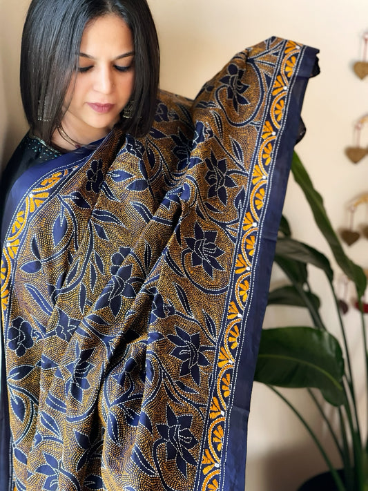 Blue Handmade Reverse Nakshi Kantha Dupatta in Pure Silk