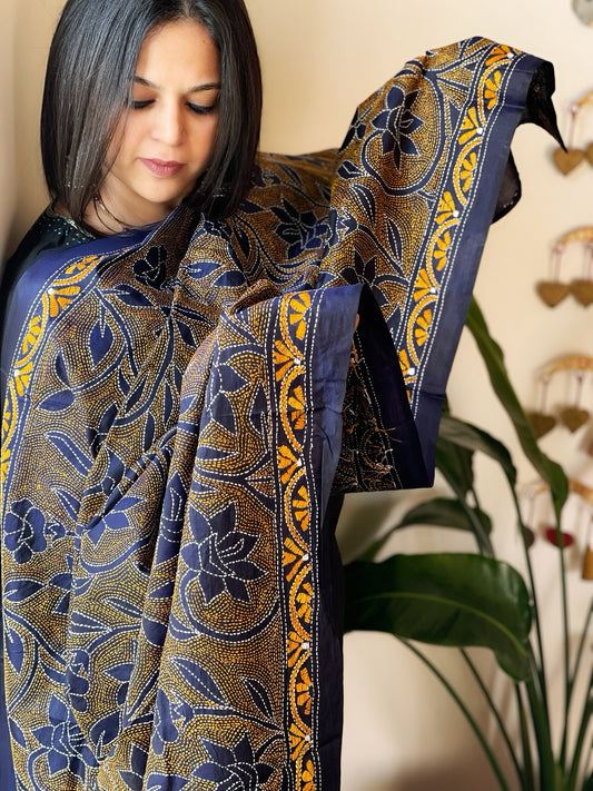 Blue Handmade Reverse Nakshi Kantha Dupatta in Pure Silk