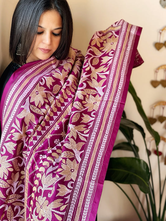 Pink Handmade Nakshi Kantha Dupatta in Pure Silk