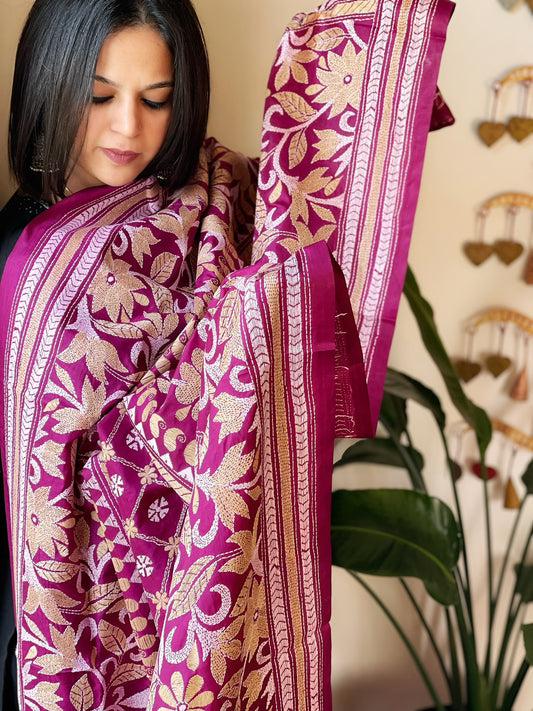 Pink Handmade Nakshi Kantha Dupatta in Pure Silk