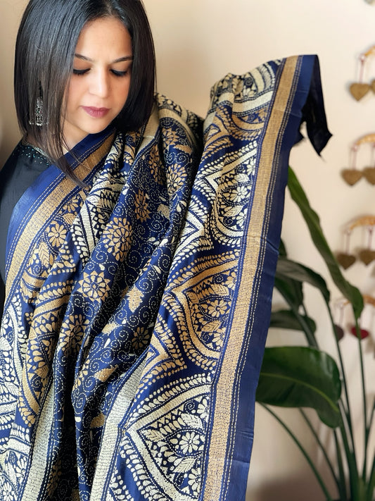 Blue Handmade Nakshi Kantha Dupatta in Pure Silk