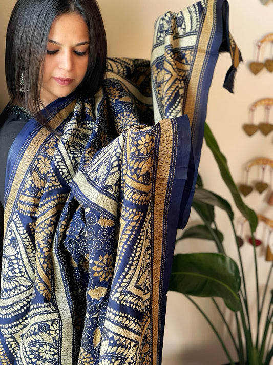 Blue Handmade Nakshi Kantha Dupatta in Pure Silk