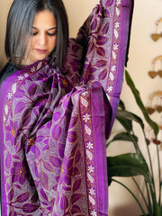 Purple Handmade Reverse Nakshi Kantha Dupatta in Pure Silk