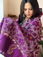 Purple Handmade Reverse Nakshi Kantha Dupatta in Pure Silk