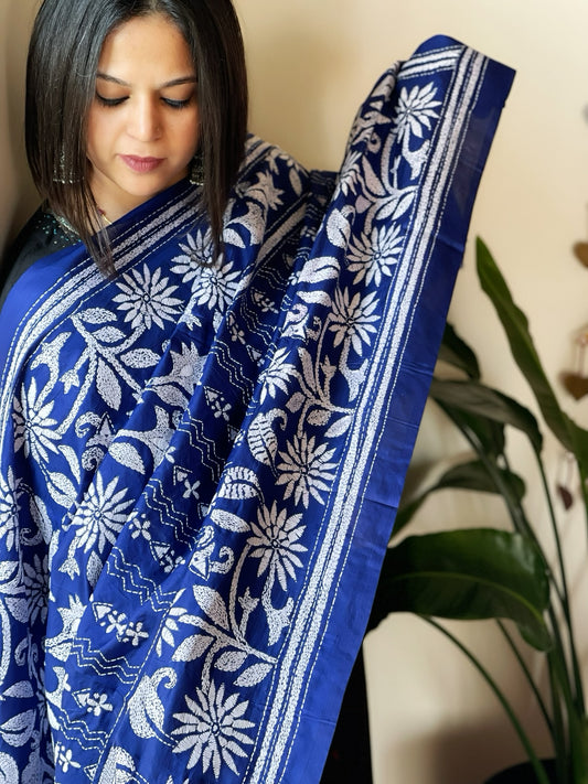 Blue Handmade Nakshi Kantha Dupatta in Pure Silk