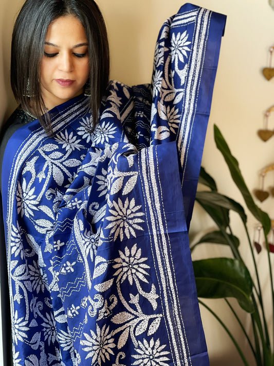 Blue Handmade Nakshi Kantha Dupatta in Pure Silk