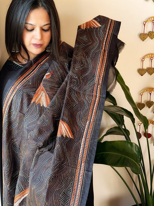 Black Handmade Kantha Dupatta in Silk