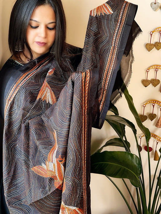 Black Handmade Kantha Dupatta in Silk