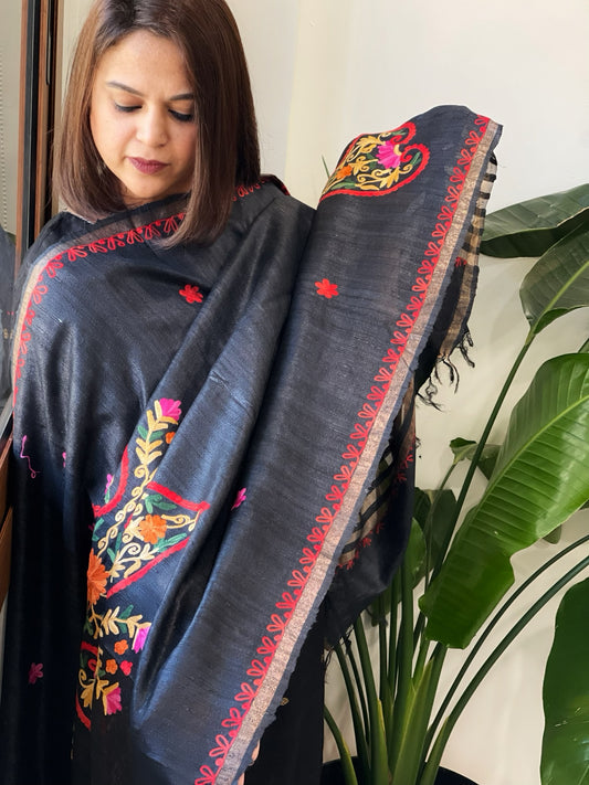 Kashmiri Aari Embroidered Dupatta in Geecha Silk