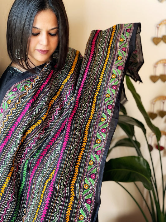 Black Handmade Kantha Dupatta in Silk