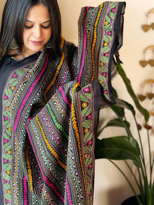 Black Handmade Kantha Dupatta in Silk