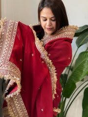 Reddish Maroon Chiffon Georgette Dupatta with Sequin Buta and Heavy Embroidered Border