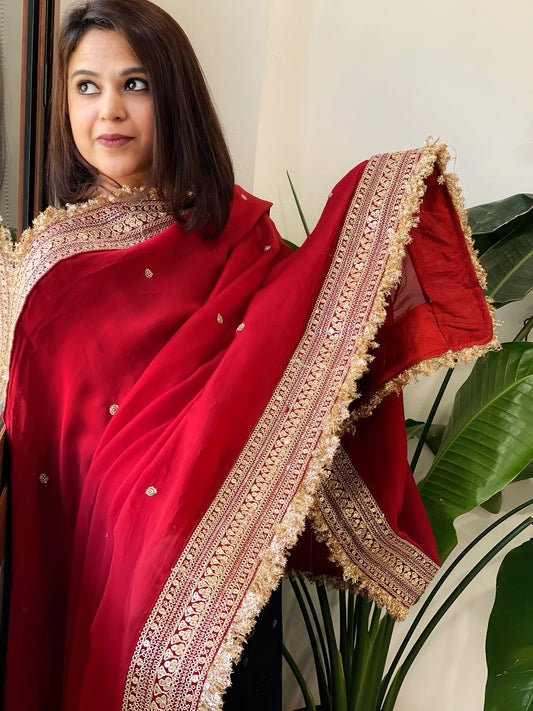 Reddish Maroon Chiffon Georgette Dupatta with Sequin Buta and Heavy Embroidered Border