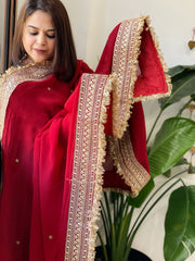 Reddish Maroon Chiffon Georgette Dupatta with Sequin Buta and Heavy Embroidered Border