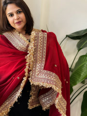 Reddish Maroon Chiffon Georgette Dupatta with Sequin Buta and Heavy Embroidered Border