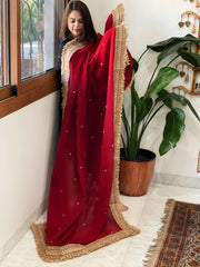Reddish Maroon Chiffon Georgette Dupatta with Sequin Buta and Heavy Embroidered Border