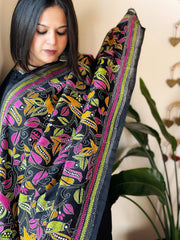 Black Handmade Nakshi Kantha Dupatta in Silk