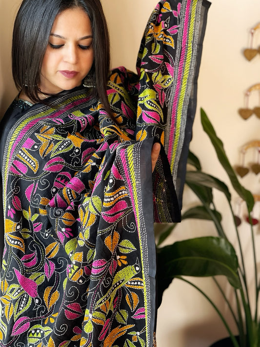 Black Handmade Nakshi Kantha Dupatta in Silk