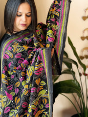 Black Handmade Nakshi Kantha Dupatta in Silk