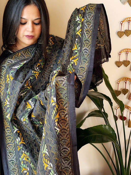 Black Handmade Kantha Dupatta in Silk