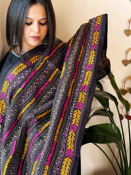 Black Handmade Kantha Dupatta in Silk