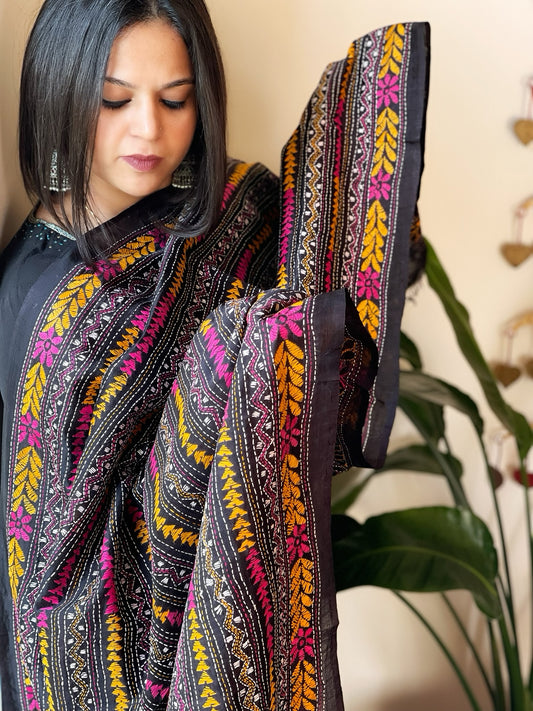 Black Handmade Kantha Dupatta in Silk