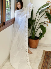 White Cotton Dupatta with Cut Work