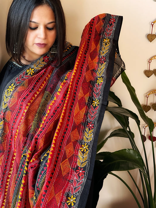 Black with Red Handmade Kantha Dupatta in Silk