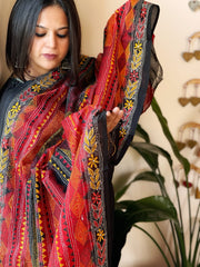 Black with Red Handmade Kantha Dupatta in Silk