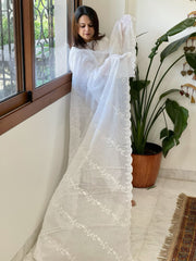White Kota Cotton Dupatta with Embroidery