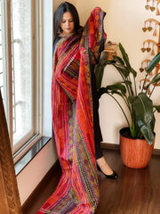 Black with Red Handmade Kantha Dupatta in Silk