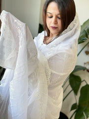 White Kota Cotton Dupatta with Embroidery