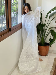 White Kota Cotton Dupatta with Thread Jaal Embroidery