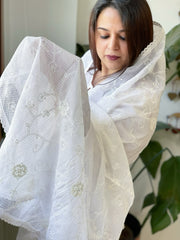 White Kota Cotton Dupatta with Thread Jaal Embroidery