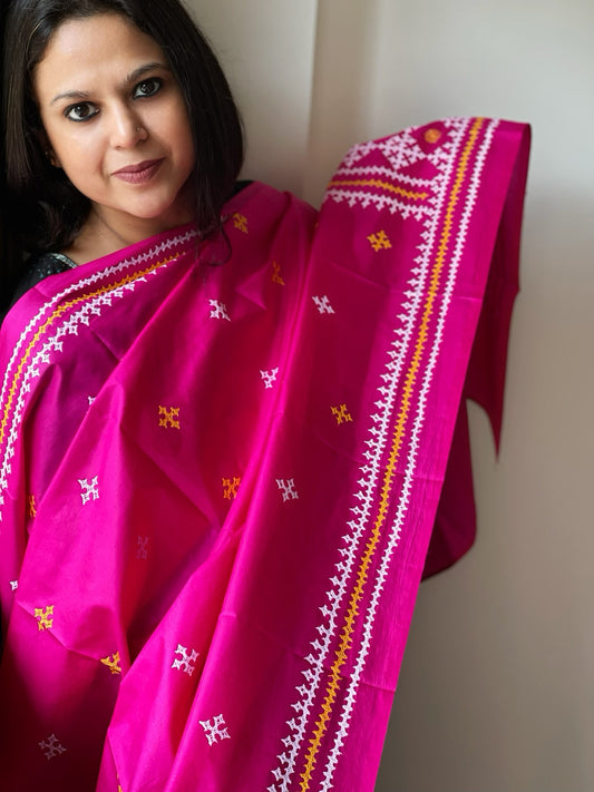Hot Pink Handmade Nakshi Kantha Dupatta in Pure Silk
