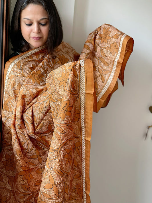 Copper Gold Handmade Reverse Nakshi Kantha Dupatta in Pure Silk