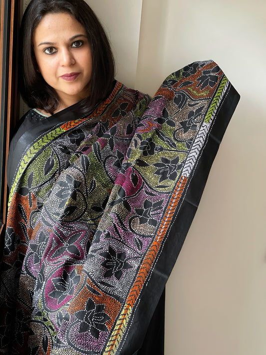 Black Handmade Reverse Nakshi Kantha Dupatta in Pure Silk