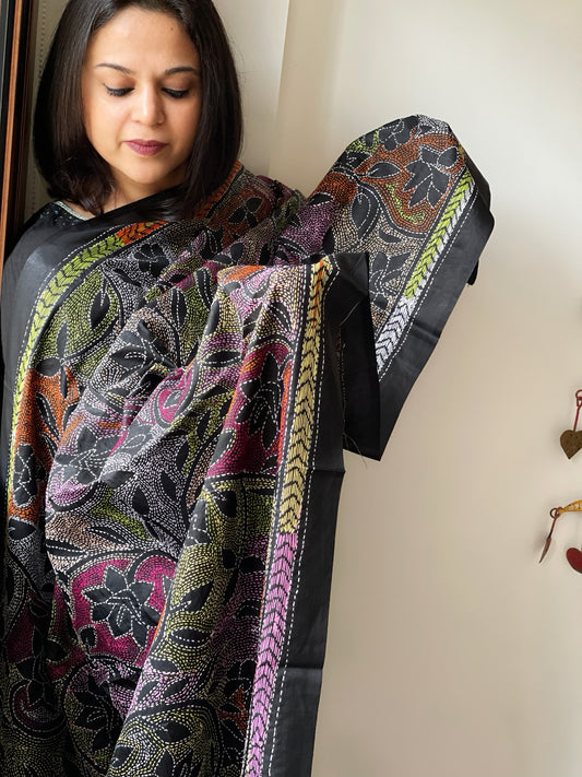 Black Handmade Reverse Nakshi Kantha Dupatta in Pure Silk