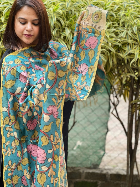 Handpainted Kalamkari Dupatta in Tussar Silk