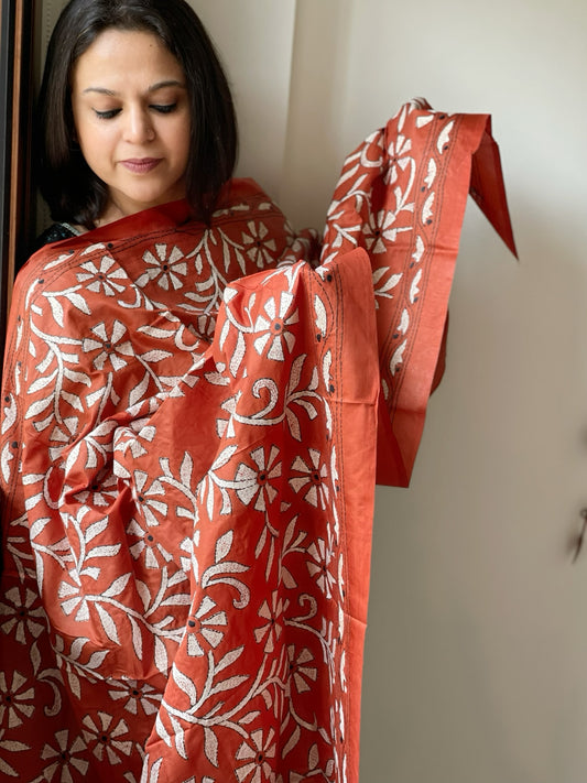 Orange Handmade Nakshi Kantha Dupatta in Pure Silk