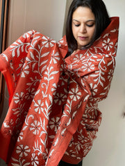 Orange Handmade Nakshi Kantha Dupatta in Pure Silk