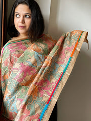 Beige Handmade Reverse Nakshi Kantha Dupatta in Pure Silk