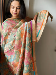 Beige Handmade Reverse Nakshi Kantha Dupatta in Pure Silk