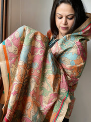 Beige Handmade Reverse Nakshi Kantha Dupatta in Pure Silk