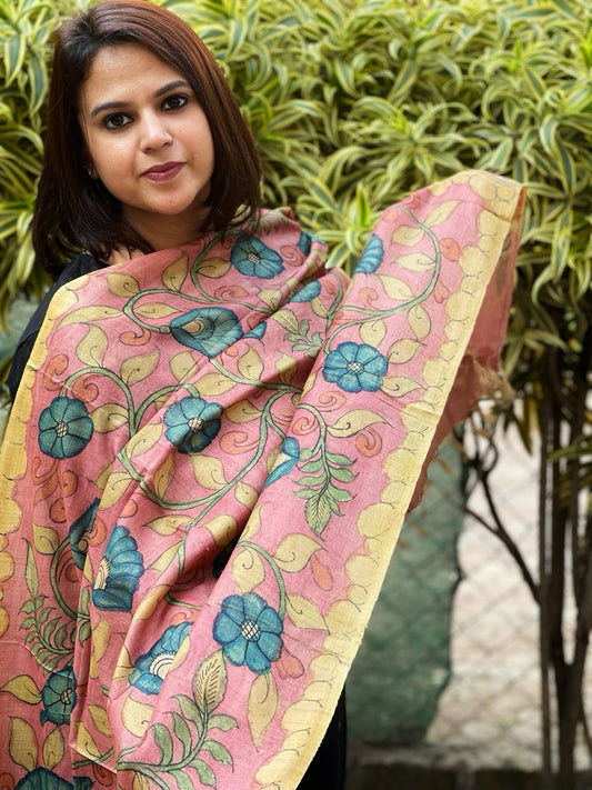 Handpainted Kalamkari Dupatta in Tussar Silk