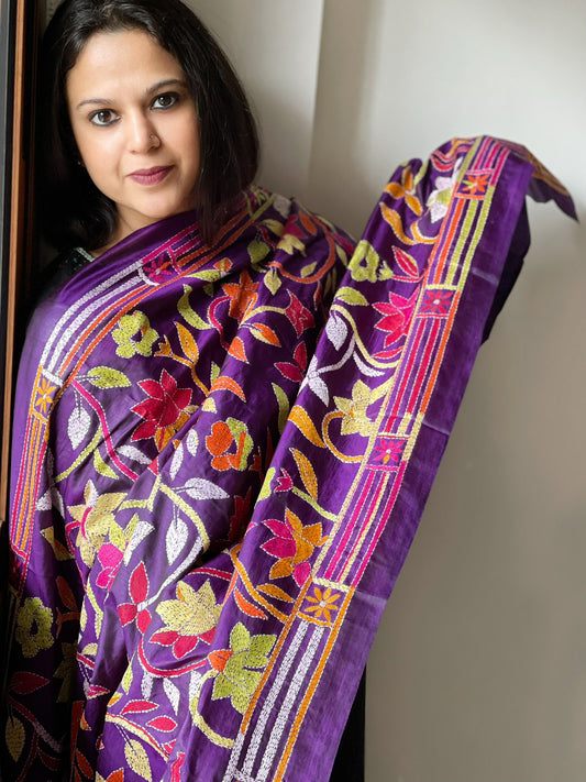 Purple Handmade Nakshi Kantha Dupatta in Pure Silk