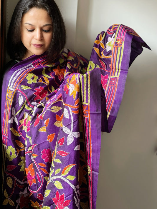 Purple Handmade Nakshi Kantha Dupatta in Pure Silk