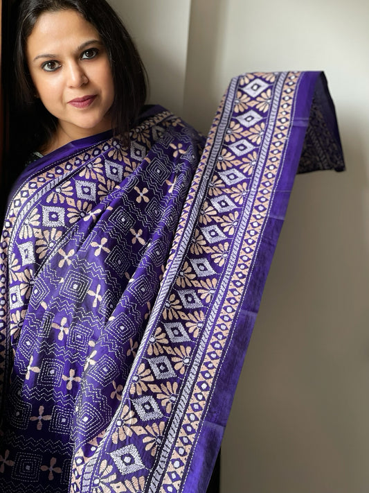 Indigo Handmade Nakshi Kantha Dupatta in Pure Silk