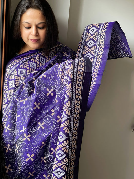 Indigo Handmade Nakshi Kantha Dupatta in Pure Silk